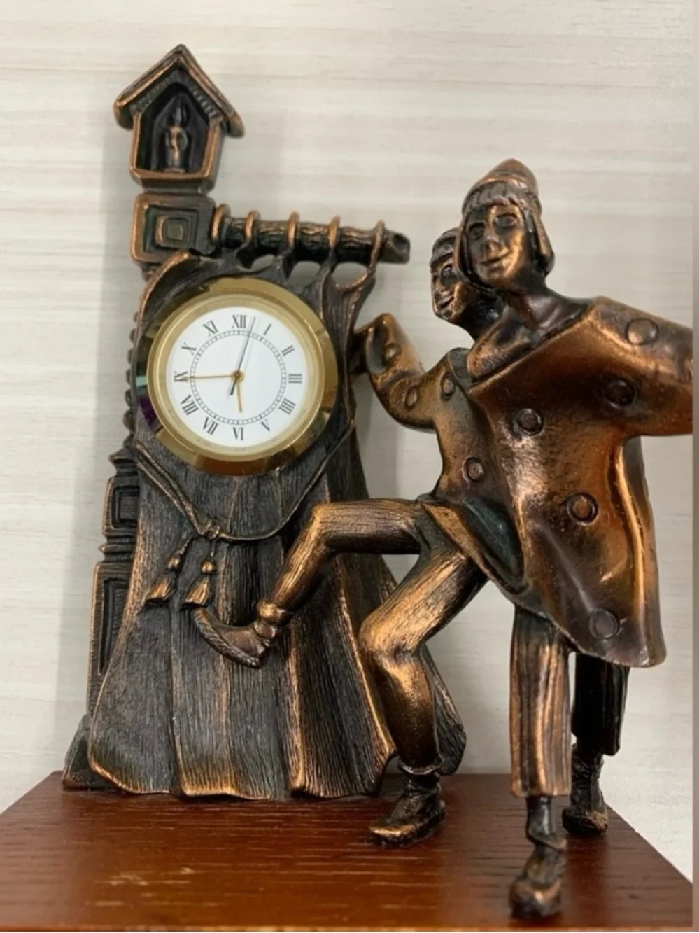 Vintage Russian Bronze Tone Folk Dancers Mantel Clock Sculpture